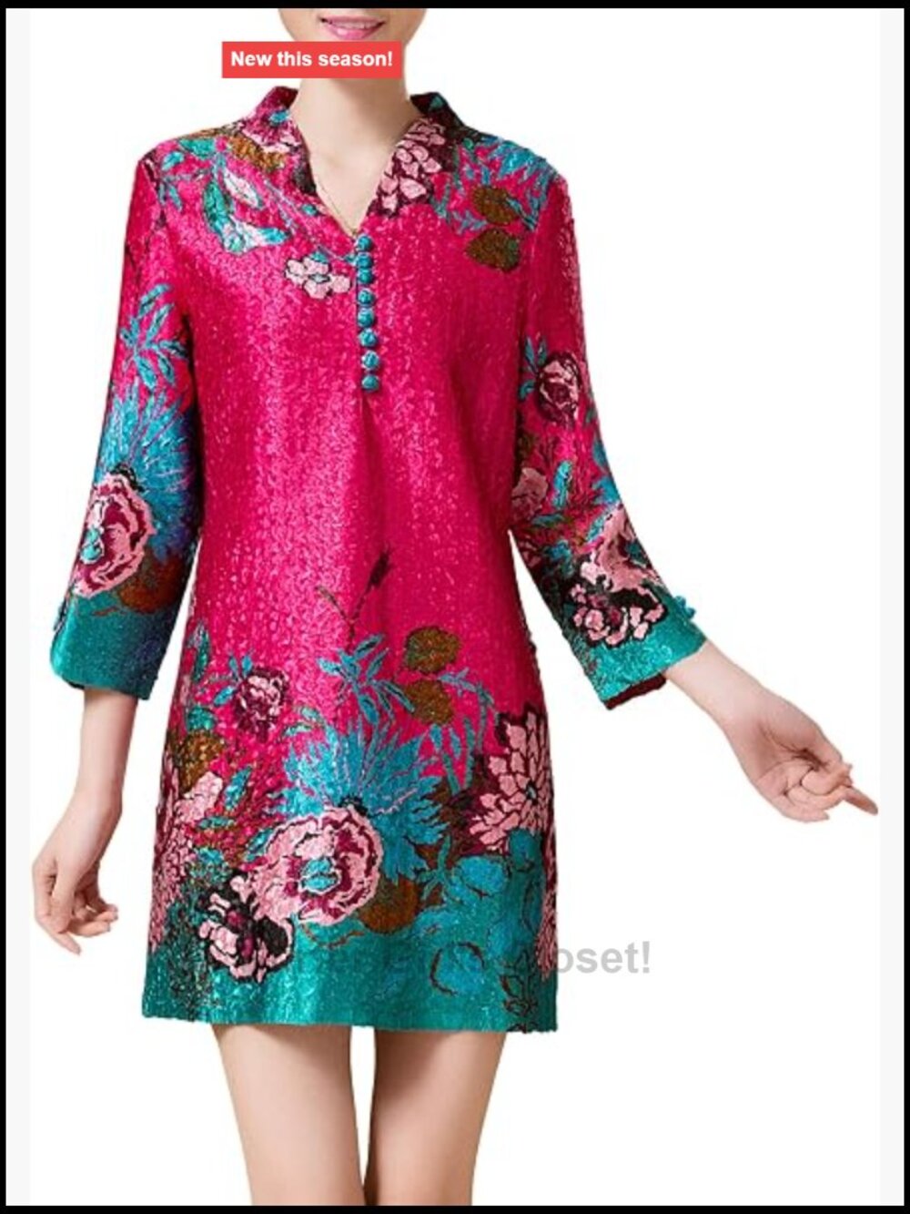 Crinkle Texture Floral Mini Dress 3/4 Sleeves V-Neck Chinese Frog Closures